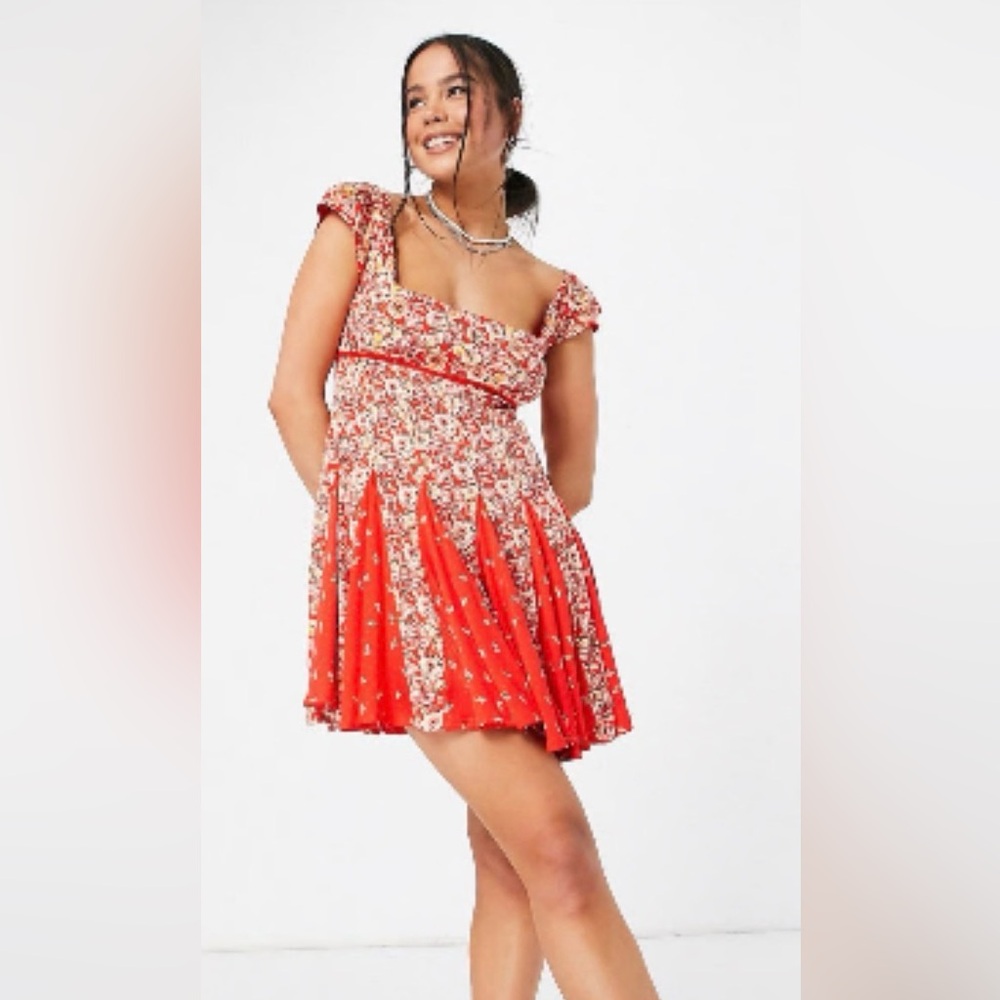 Free People Red Floral Square-Neck Fit & Flare Dress Medium NWT